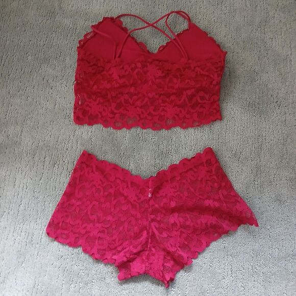 Lingerie Set Bralette Bra Boy Short Panty Medium Maroon Lace Sleepwear Nightwear - Picture 6 of 10